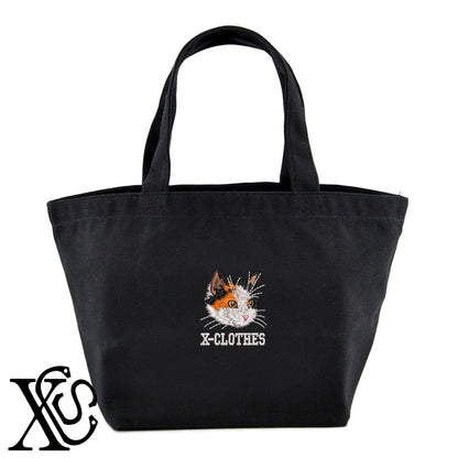 三毛猫3柄 刺繍 キャンバス生地 ランチ ミニ トートバッグ レディース メンズ【X-CLOTHES】オリジナル グッズ 刺繍 ワンポイント 雑貨【b Black Camel】【g Natural Gray】 【10犬猫図鑑-猫図鑑-B】