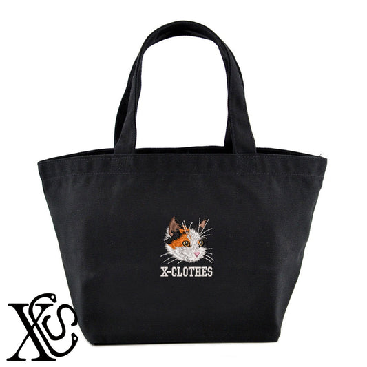 三毛猫3柄 刺繍 キャンバス生地 ランチ ミニ トートバッグ レディース メンズ【X-CLOTHES】オリジナル グッズ 刺繍 ワンポイント 雑貨【b Black Camel】【g Natural Gray】 【10犬猫図鑑-猫図鑑-B】