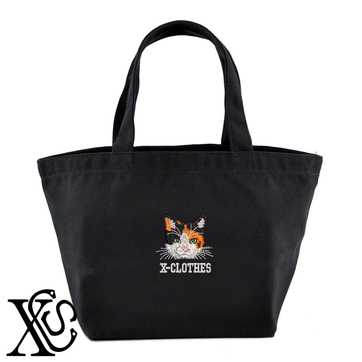 三毛猫4柄 刺繍 キャンバス生地 ランチ ミニ トートバッグ レディース メンズ【X-CLOTHES】オリジナル グッズ 刺繍 ワンポイント 雑貨【b Black Camel】【g Natural Gray】 【10犬猫図鑑-猫図鑑-B】