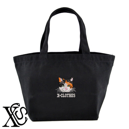 三毛猫4柄 刺繍 キャンバス生地 ランチ ミニ トートバッグ レディース メンズ【X-CLOTHES】オリジナル グッズ 刺繍 ワンポイント 雑貨【b Black Camel】【g Natural Gray】 【10犬猫図鑑-猫図鑑-B】