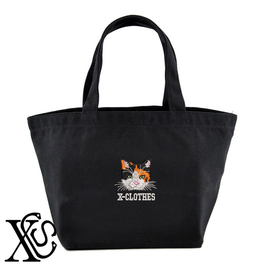 三毛猫4柄 刺繍 キャンバス生地 ランチ ミニ トートバッグ レディース メンズ【X-CLOTHES】オリジナル グッズ 刺繍 ワンポイント 雑貨【b Black Camel】【g Natural Gray】 【10犬猫図鑑-猫図鑑-B】