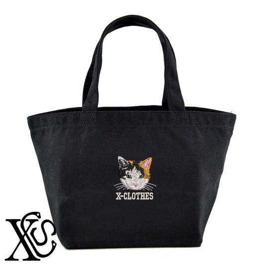 三毛猫5柄 刺繍 キャンバス生地 ランチ ミニ トートバッグ レディース メンズ【X-CLOTHES】オリジナル グッズ 刺繍 ワンポイント 雑貨【b Black Camel】【g Natural Gray】 【10犬猫図鑑-猫図鑑-B】