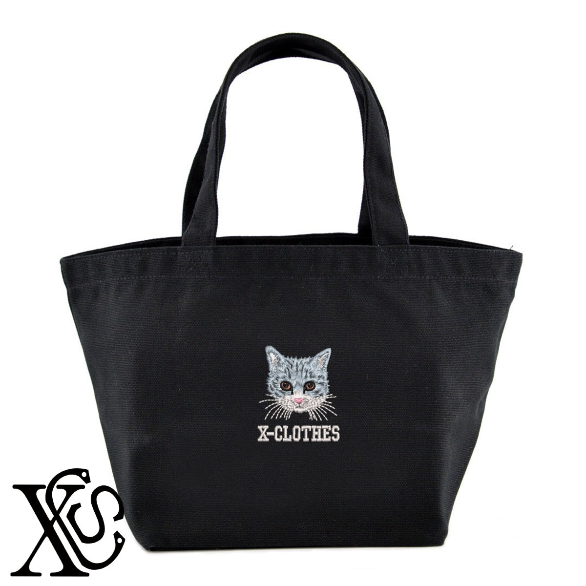 猫10柄 刺繍 キャンバス生地 ランチ ミニ トートバッグ レディース メンズ【X-CLOTHES】オリジナル グッズ 刺繍 ワンポイント 雑貨【b Black Camel】【g Natural Gray】 【10犬猫図鑑-猫図鑑-B】