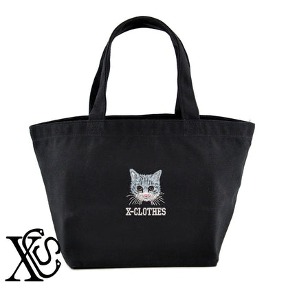 猫10柄 刺繍 キャンバス生地 ランチ ミニ トートバッグ レディース メンズ【X-CLOTHES】オリジナル グッズ 刺繍 ワンポイント 雑貨【b Black Camel】【g Natural Gray】 【10犬猫図鑑-猫図鑑-B】