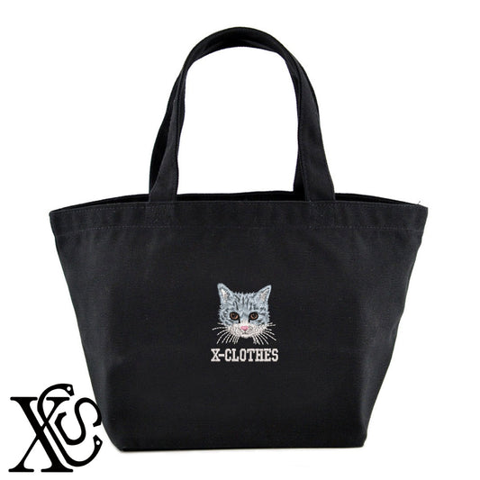 猫10柄 刺繍 キャンバス生地 ランチ ミニ トートバッグ レディース メンズ【X-CLOTHES】オリジナル グッズ 刺繍 ワンポイント 雑貨【b Black Camel】【g Natural Gray】 【10犬猫図鑑-猫図鑑-B】