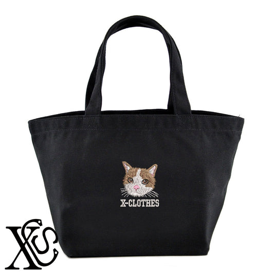 猫11柄 刺繍 キャンバス生地 ランチ ミニ トートバッグ レディース メンズ【X-CLOTHES】オリジナル グッズ 刺繍 ワンポイント 雑貨【b Black Camel】【g Natural Gray】 【10犬猫図鑑-猫図鑑-B】