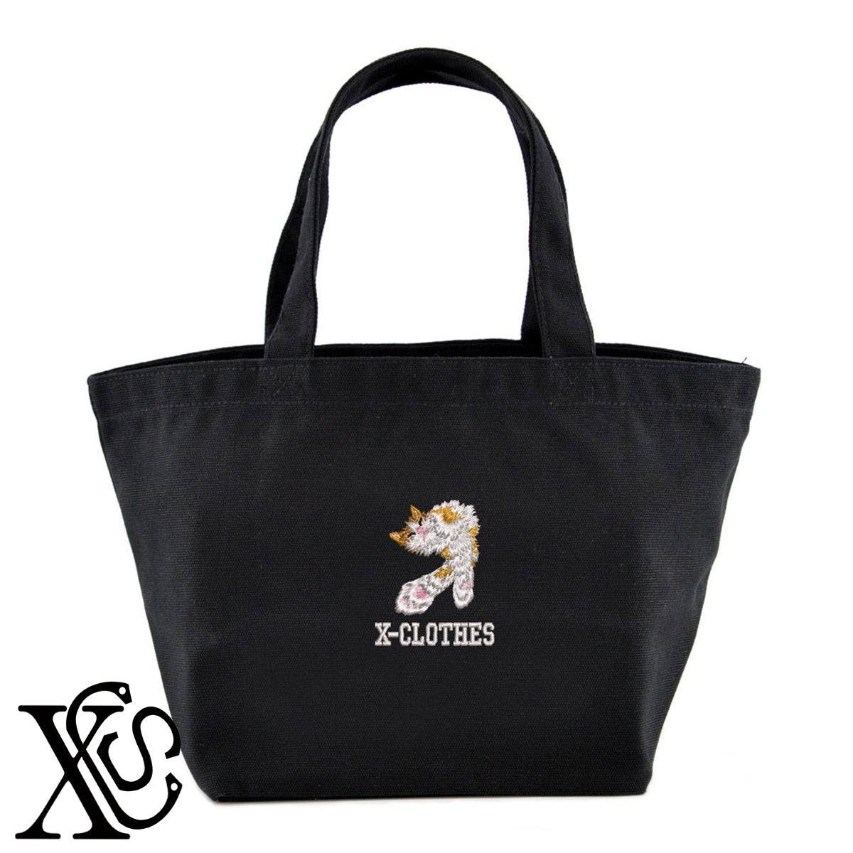 猫12柄 刺繍 キャンバス生地 ランチ ミニ トートバッグ レディース メンズ【X-CLOTHES】オリジナル グッズ 刺繍 ワンポイント 雑貨【b Black Camel】【g Natural Gray】 【10犬猫図鑑-猫図鑑-B】