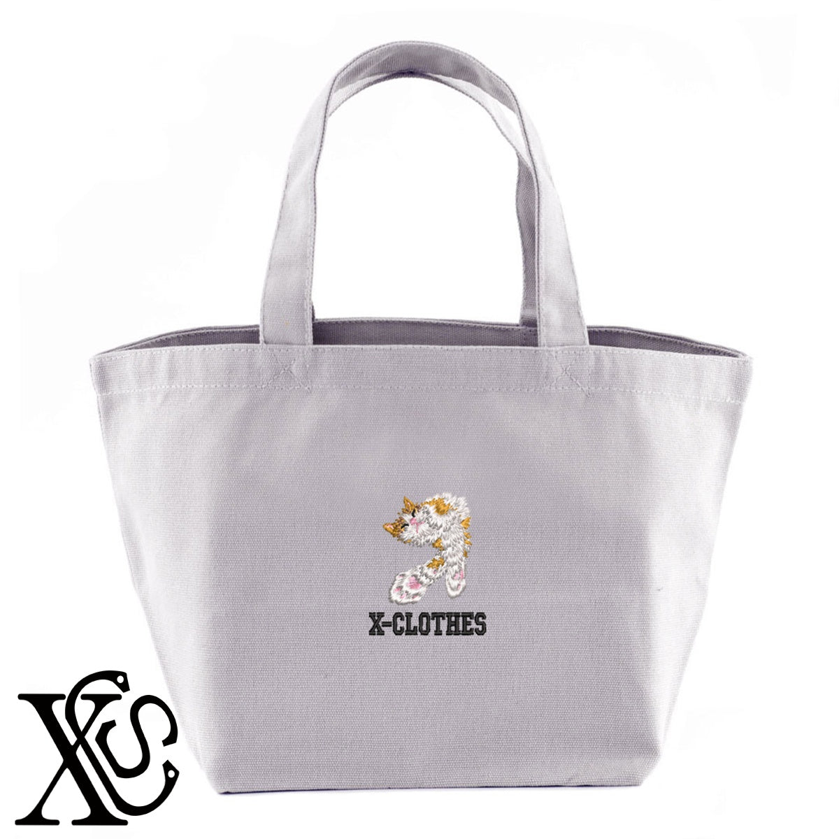 猫12柄 刺繍 キャンバス生地 ランチ ミニ トートバッグ レディース メンズ【X-CLOTHES】オリジナル グッズ 刺繍 ワンポイント 雑貨【b Black Camel】【g Natural Gray】 【10犬猫図鑑-猫図鑑-B】