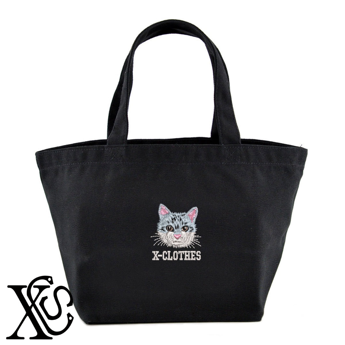 猫13柄 刺繍 キャンバス生地 ランチ ミニ トートバッグ レディース メンズ【X-CLOTHES】オリジナル グッズ 刺繍 ワンポイント 雑貨【b Black Camel】【g Natural Gray】 【10犬猫図鑑-猫図鑑-B】