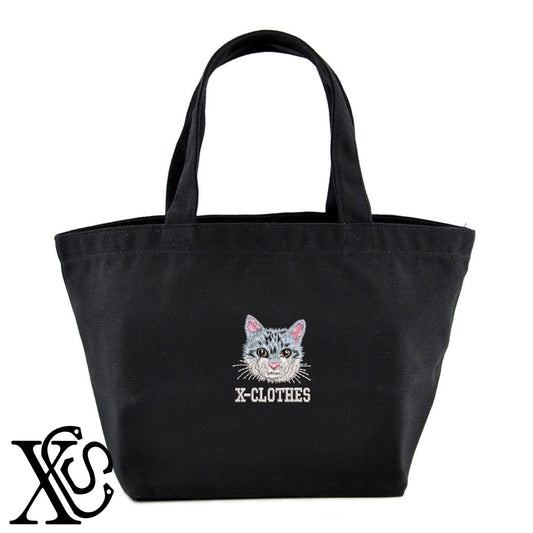 猫13柄 刺繍 キャンバス生地 ランチ ミニ トートバッグ レディース メンズ【X-CLOTHES】オリジナル グッズ 刺繍 ワンポイント 雑貨【b Black Camel】【g Natural Gray】 【10犬猫図鑑-猫図鑑-B】
