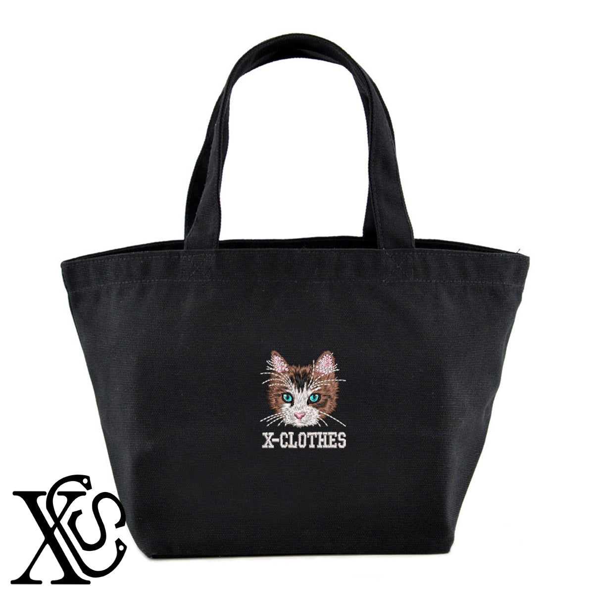 猫16柄 刺繍 キャンバス生地 ランチ ミニ トートバッグ レディース メンズ【X-CLOTHES】オリジナル グッズ 刺繍 ワンポイント 雑貨【b Black Camel】【g Natural Gray】 【10犬猫図鑑-猫図鑑-B】