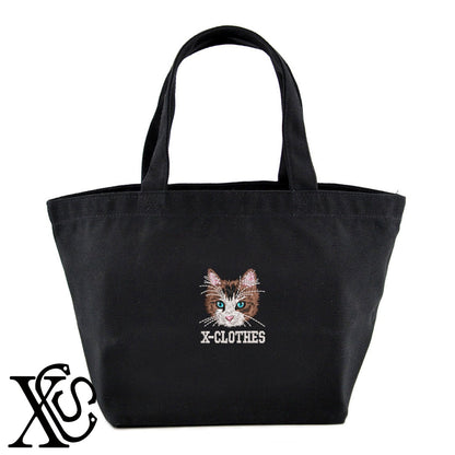 猫16柄 刺繍 キャンバス生地 ランチ ミニ トートバッグ レディース メンズ【X-CLOTHES】オリジナル グッズ 刺繍 ワンポイント 雑貨【b Black Camel】【g Natural Gray】 【10犬猫図鑑-猫図鑑-B】