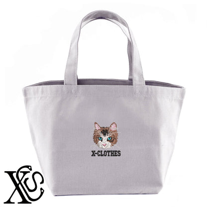 猫16柄 刺繍 キャンバス生地 ランチ ミニ トートバッグ レディース メンズ【X-CLOTHES】オリジナル グッズ 刺繍 ワンポイント 雑貨【b Black Camel】【g Natural Gray】 【10犬猫図鑑-猫図鑑-B】