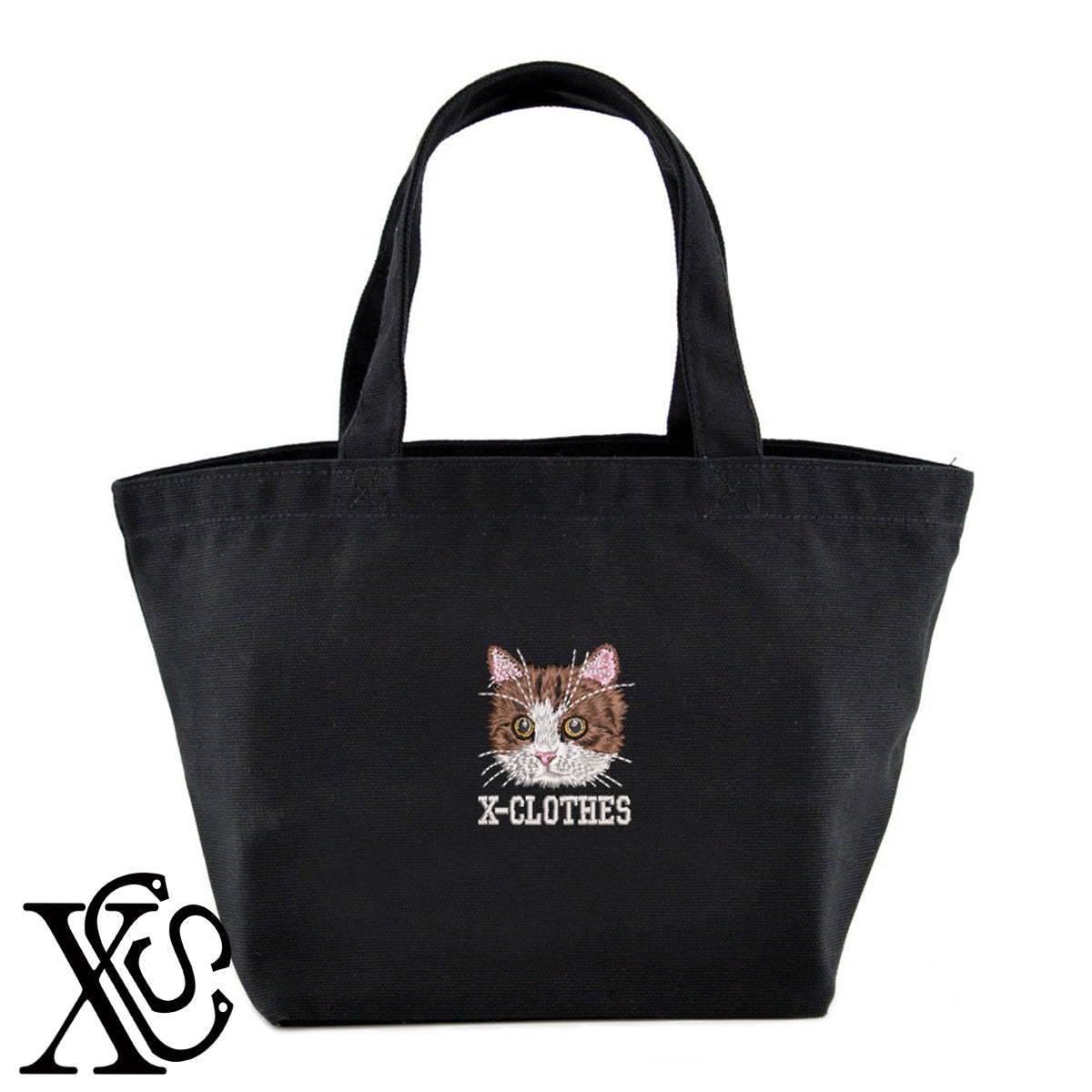 猫17柄 刺繍 キャンバス生地 ランチ ミニ トートバッグ レディース メンズ【X-CLOTHES】オリジナル グッズ 刺繍 ワンポイント 雑貨【b Black Camel】【g Natural Gray】 【10犬猫図鑑-猫図鑑-B】
