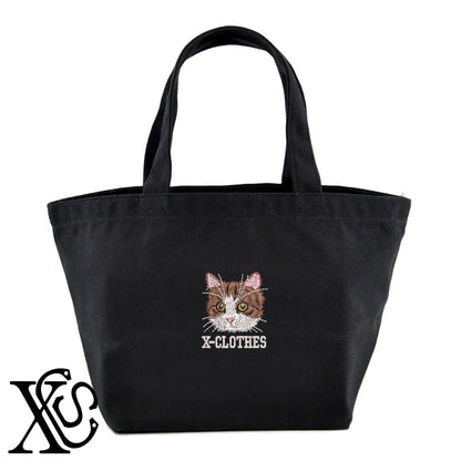 猫17柄 刺繍 キャンバス生地 ランチ ミニ トートバッグ レディース メンズ【X-CLOTHES】オリジナル グッズ 刺繍 ワンポイント 雑貨【b Black Camel】【g Natural Gray】 【10犬猫図鑑-猫図鑑-B】