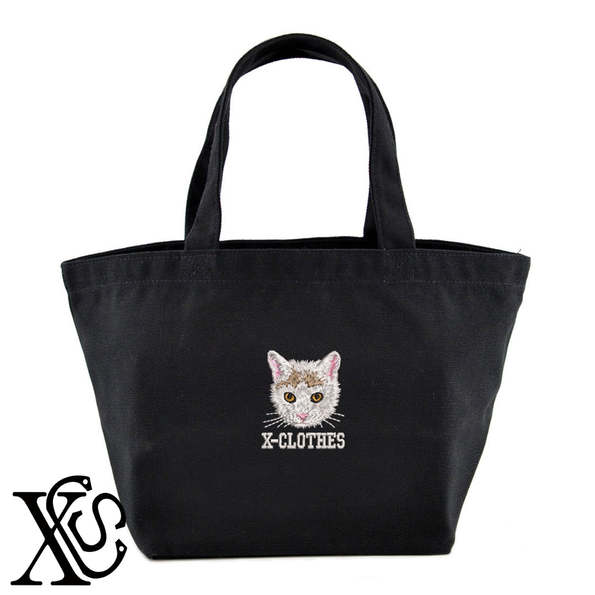 猫21柄 刺繍 キャンバス生地 ランチ ミニ トートバッグ レディース メンズ【X-CLOTHES】オリジナル グッズ 刺繍 ワンポイント 雑貨【b Black Camel】【g Natural Gray】 【10犬猫図鑑-猫図鑑-B】