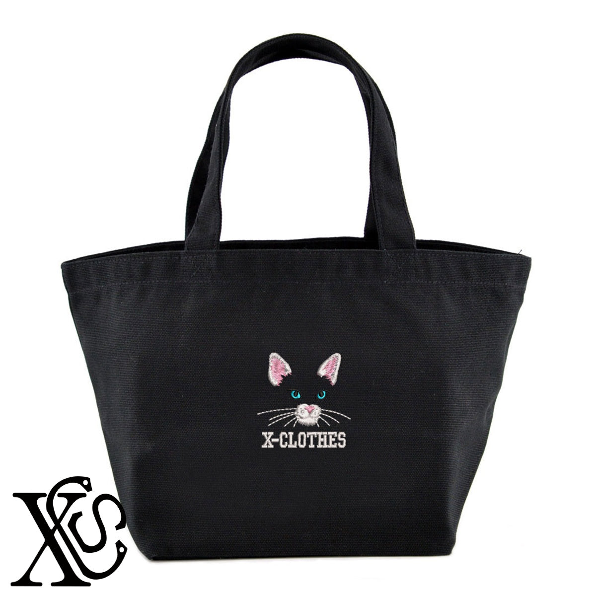 猫顔パーツ2柄 刺繍 キャンバス生地 ランチ ミニ トートバッグ レディース メンズ【X-CLOTHES】オリジナル グッズ 刺繍 ワンポイント 雑貨【b Black Camel】【g Natural Gray】 【10犬猫図鑑-猫図鑑-B】