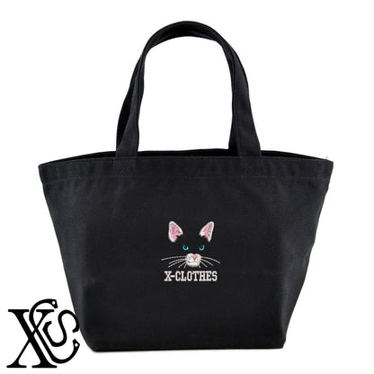 猫顔パーツ2柄 刺繍 キャンバス生地 ランチ ミニ トートバッグ レディース メンズ【X-CLOTHES】オリジナル グッズ 刺繍 ワンポイント 雑貨【b Black Camel】【g Natural Gray】 【10犬猫図鑑-猫図鑑-B】
