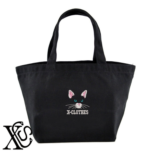 猫顔パーツ2柄 刺繍 キャンバス生地 ランチ ミニ トートバッグ レディース メンズ【X-CLOTHES】オリジナル グッズ 刺繍 ワンポイント 雑貨【b Black Camel】【g Natural Gray】 【10犬猫図鑑-猫図鑑-B】