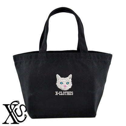 白猫2柄 刺繍 キャンバス生地 ランチ ミニ トートバッグ レディース メンズ【X-CLOTHES】オリジナル グッズ 刺繍 ワンポイント 雑貨【b Black Camel】【g Natural Gray】 【10犬猫図鑑-猫図鑑-B】