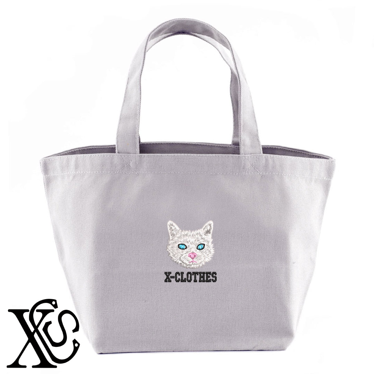 白猫2柄 刺繍 キャンバス生地 ランチ ミニ トートバッグ レディース メンズ【X-CLOTHES】オリジナル グッズ 刺繍 ワンポイント 雑貨【b Black Camel】【g Natural Gray】 【10犬猫図鑑-猫図鑑-B】