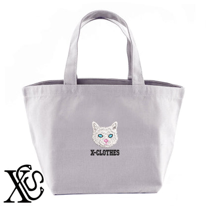 白猫2柄 刺繍 キャンバス生地 ランチ ミニ トートバッグ レディース メンズ【X-CLOTHES】オリジナル グッズ 刺繍 ワンポイント 雑貨【b Black Camel】【g Natural Gray】 【10犬猫図鑑-猫図鑑-B】