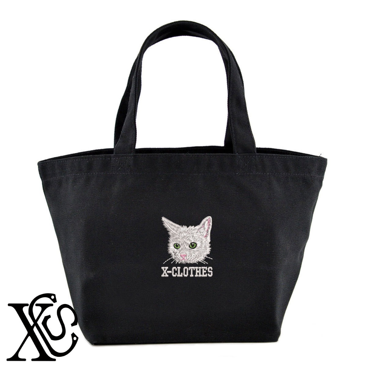 白猫4柄 刺繍 キャンバス生地 ランチ ミニ トートバッグ レディース メンズ【X-CLOTHES】オリジナル グッズ 刺繍 ワンポイント 雑貨【b Black Camel】【g Natural Gray】 【10犬猫図鑑-猫図鑑-B】