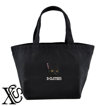 黒猫4柄 刺繍 キャンバス生地 ランチ ミニ トートバッグ レディース メンズ【X-CLOTHES】オリジナル グッズ 刺繍 ワンポイント 雑貨【b Black Camel】【g Natural Gray】 【10犬猫図鑑-猫図鑑-B】
