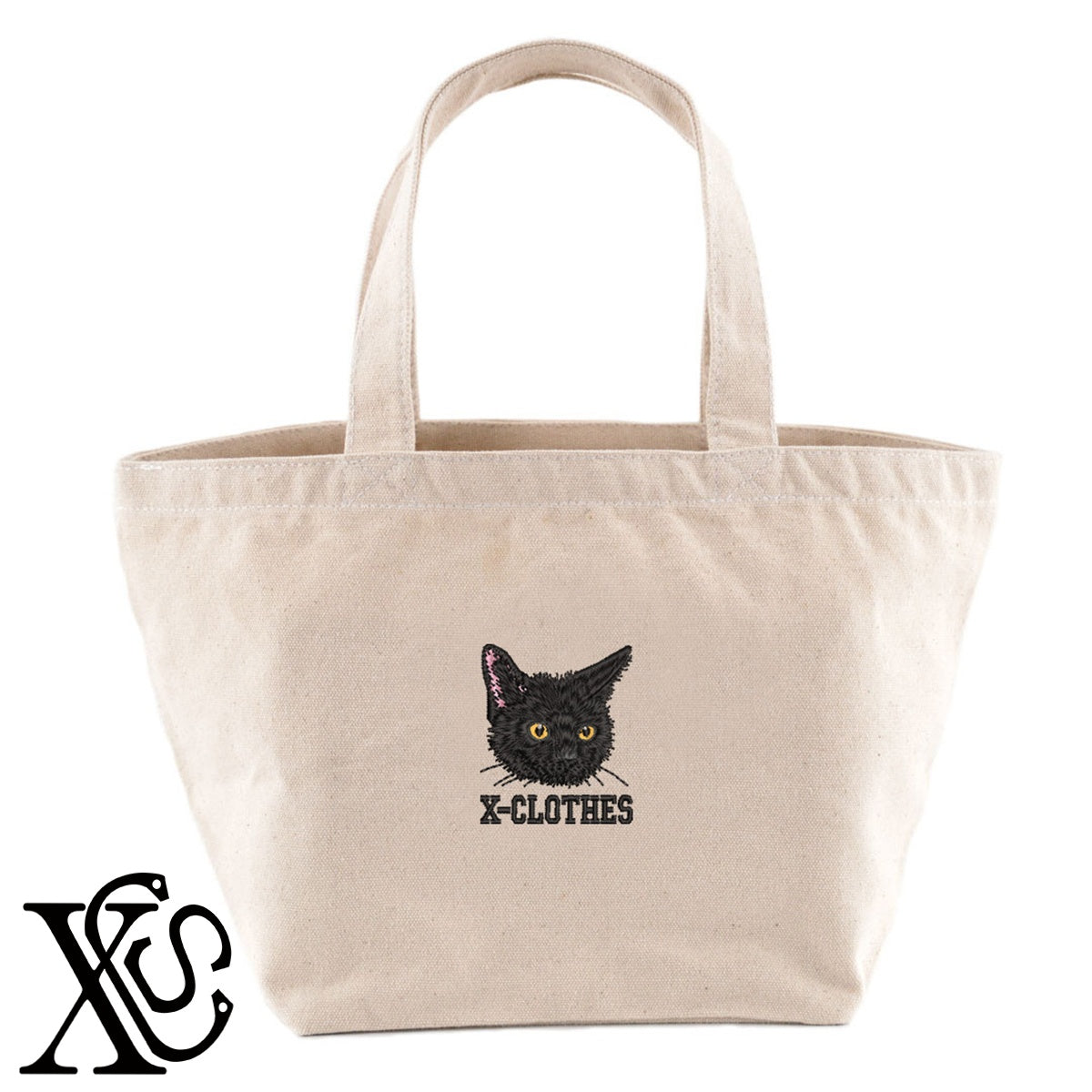 黒猫4柄 刺繍 キャンバス生地 ランチ ミニ トートバッグ レディース メンズ【X-CLOTHES】オリジナル グッズ 刺繍 ワンポイント 雑貨【b Black Camel】【g Natural Gray】 【10犬猫図鑑-猫図鑑-B】