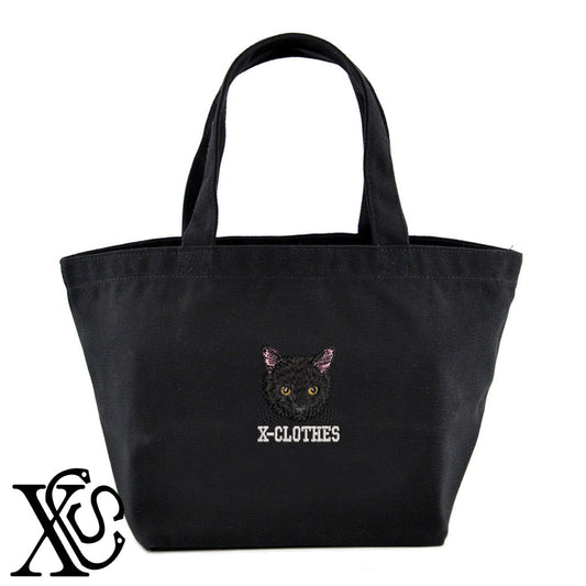黒猫5柄 刺繍 キャンバス生地 ランチ ミニ トートバッグ レディース メンズ【X-CLOTHES】オリジナル グッズ 刺繍 ワンポイント 雑貨【b Black Camel】【g Natural Gray】 【10犬猫図鑑-猫図鑑-B】