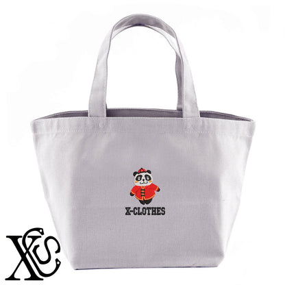 パンダ6柄 刺繍 キャンバス生地 ランチ ミニ トートバッグ レディース メンズ【X-CLOTHES】オリジナル グッズ 刺繍 ワンポイント 雑貨【b Black Camel】【g Natural Gray】 【1各種動物-パンダ】