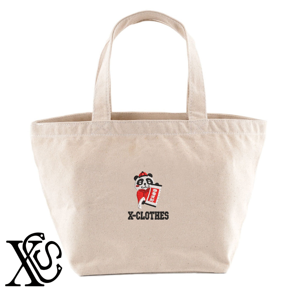 パンダ7柄 刺繍 キャンバス生地 ランチ ミニ トートバッグ レディース メンズ【X-CLOTHES】オリジナル グッズ 刺繍 ワンポイント 雑貨【b Black Camel】【g Natural Gray】 【1各種動物-パンダ】