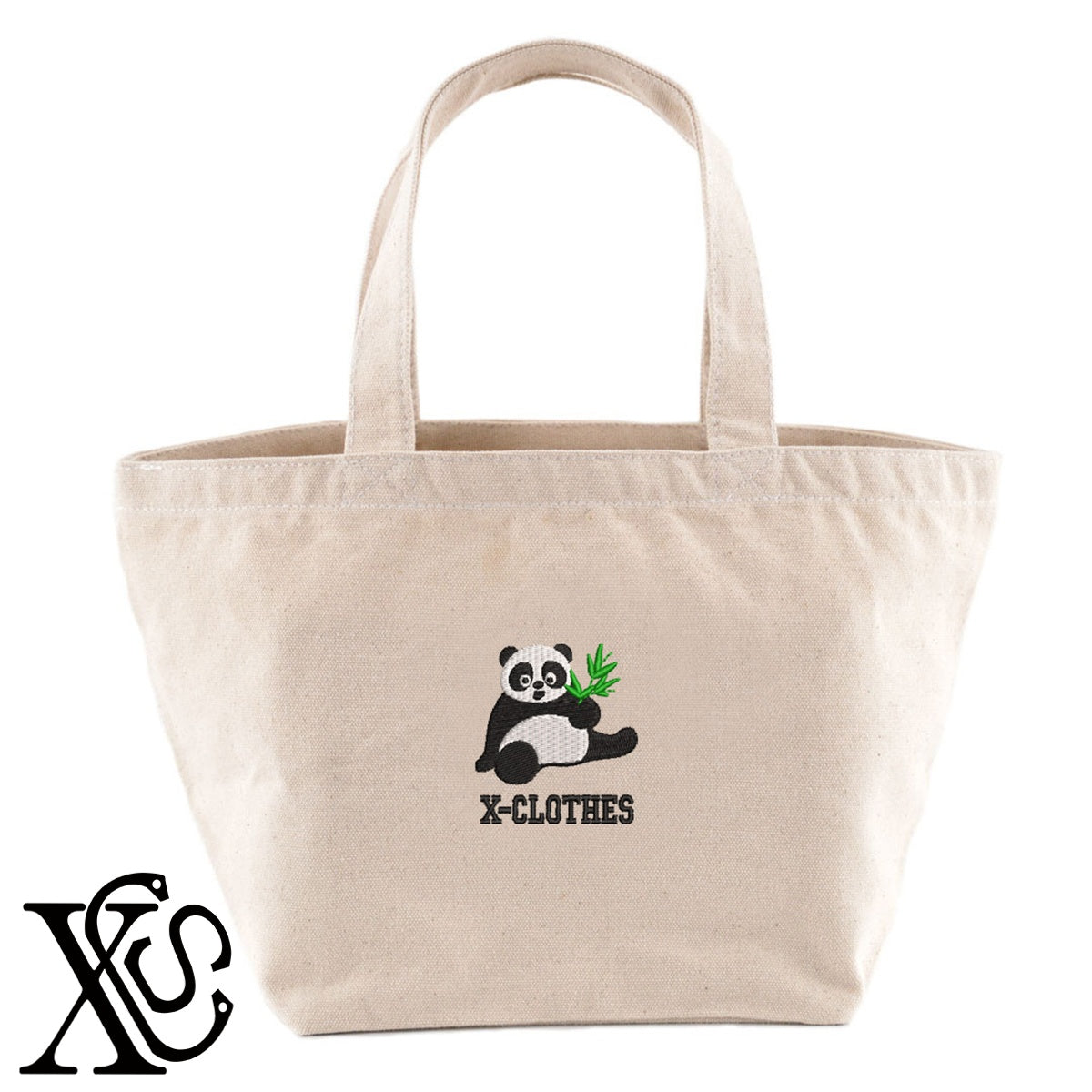 パンダ9柄 刺繍 キャンバス生地 ランチ ミニ トートバッグ レディース メンズ【X-CLOTHES】オリジナル グッズ 刺繍 ワンポイント 雑貨【b Black Camel】【g Natural Gray】 【1各種動物-パンダ】