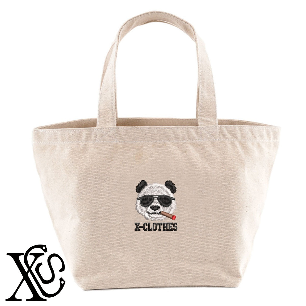 ボスパン3柄 刺繍 キャンバス生地 ランチ ミニ トートバッグ レディース メンズ【X-CLOTHES】オリジナル グッズ 刺繍 ワンポイント 雑貨【b Black Camel】【g Natural Gray】 【1各種動物-パンダ】