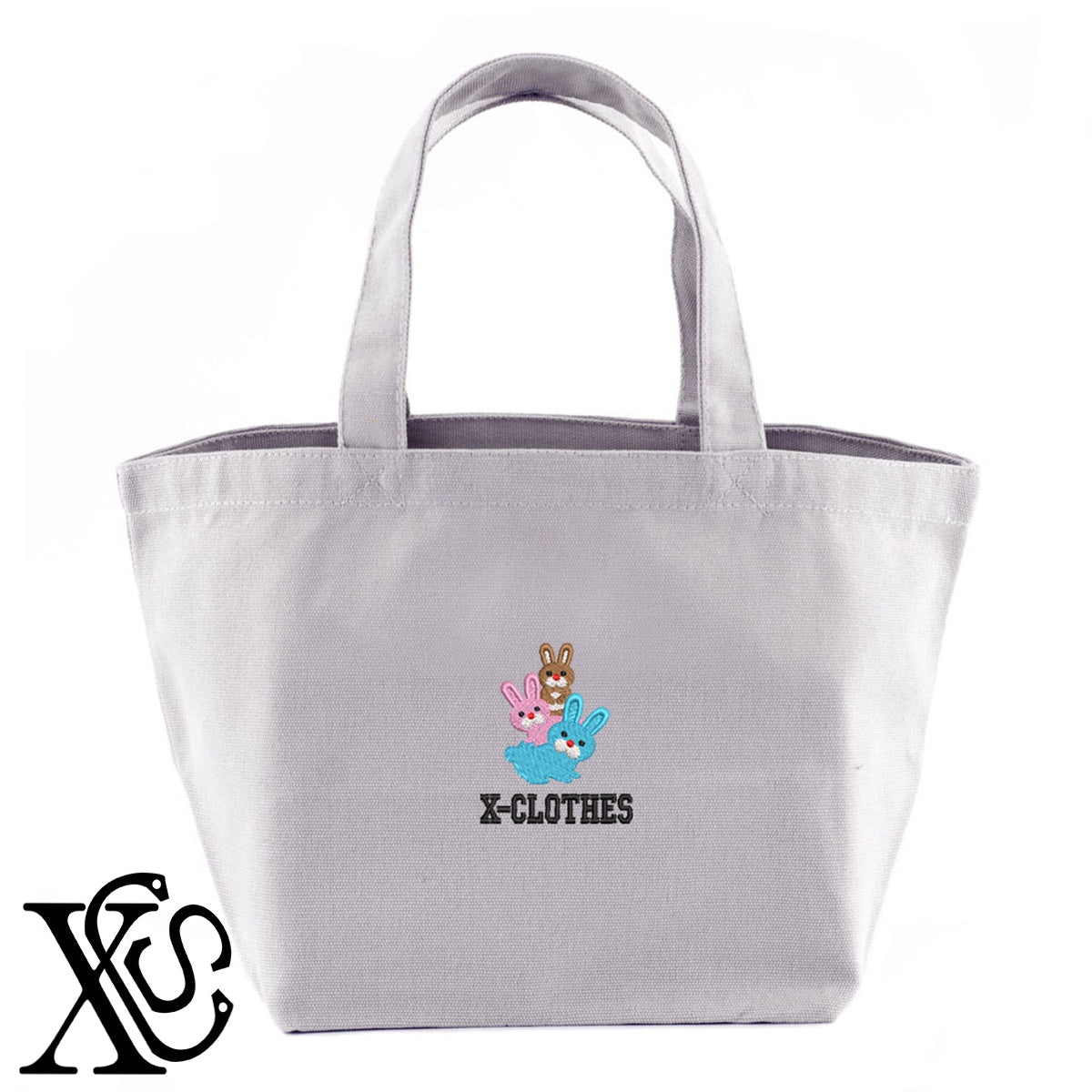 ウサギ10柄 刺繍 キャンバス生地 ランチ ミニ トートバッグ レディース メンズ【X-CLOTHES】オリジナル グッズ 刺繍 ワンポイント 雑貨【b Black Camel】【g Natural Gray】 【1各種動物-小動物】