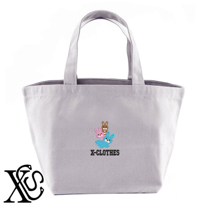 ウサギ10柄 刺繍 キャンバス生地 ランチ ミニ トートバッグ レディース メンズ【X-CLOTHES】オリジナル グッズ 刺繍 ワンポイント 雑貨【b Black Camel】【g Natural Gray】 【1各種動物-小動物】