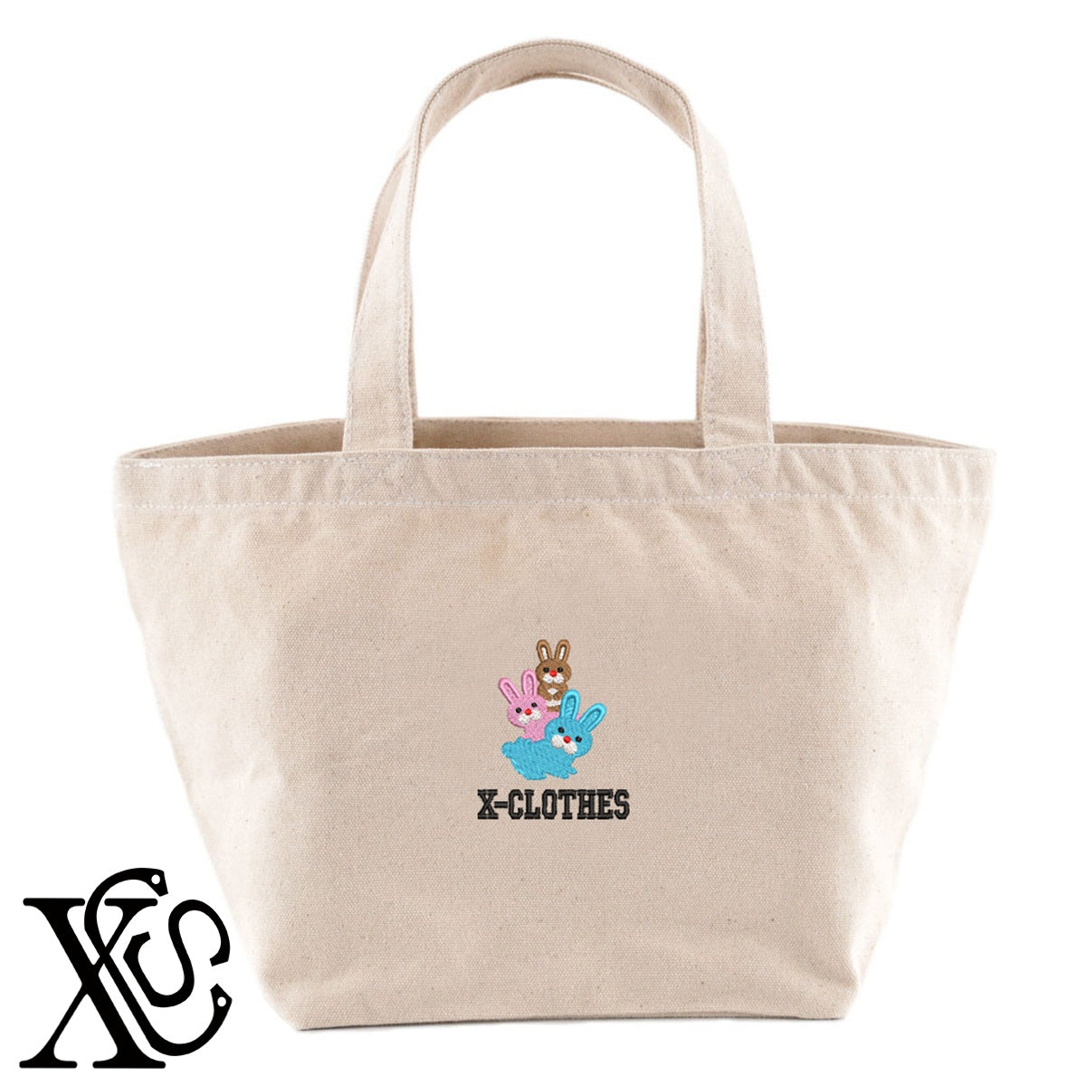 ウサギ10柄 刺繍 キャンバス生地 ランチ ミニ トートバッグ レディース メンズ【X-CLOTHES】オリジナル グッズ 刺繍 ワンポイント 雑貨【b Black Camel】【g Natural Gray】 【1各種動物-小動物】
