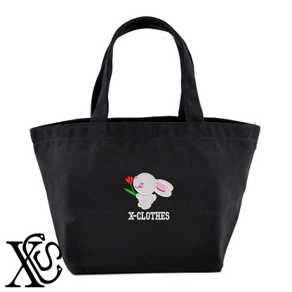 ウサギ7柄 刺繍 キャンバス生地 ランチ ミニ トートバッグ レディース メンズ【X-CLOTHES】オリジナル グッズ 刺繍 ワンポイント 雑貨【b Black Camel】【g Natural Gray】 【1各種動物-小動物】