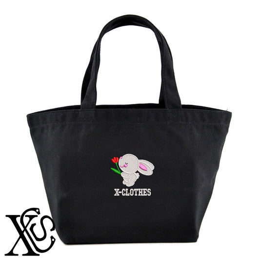 ウサギ7柄 刺繍 キャンバス生地 ランチ ミニ トートバッグ レディース メンズ【X-CLOTHES】オリジナル グッズ 刺繍 ワンポイント 雑貨【b Black Camel】【g Natural Gray】 【1各種動物-小動物】