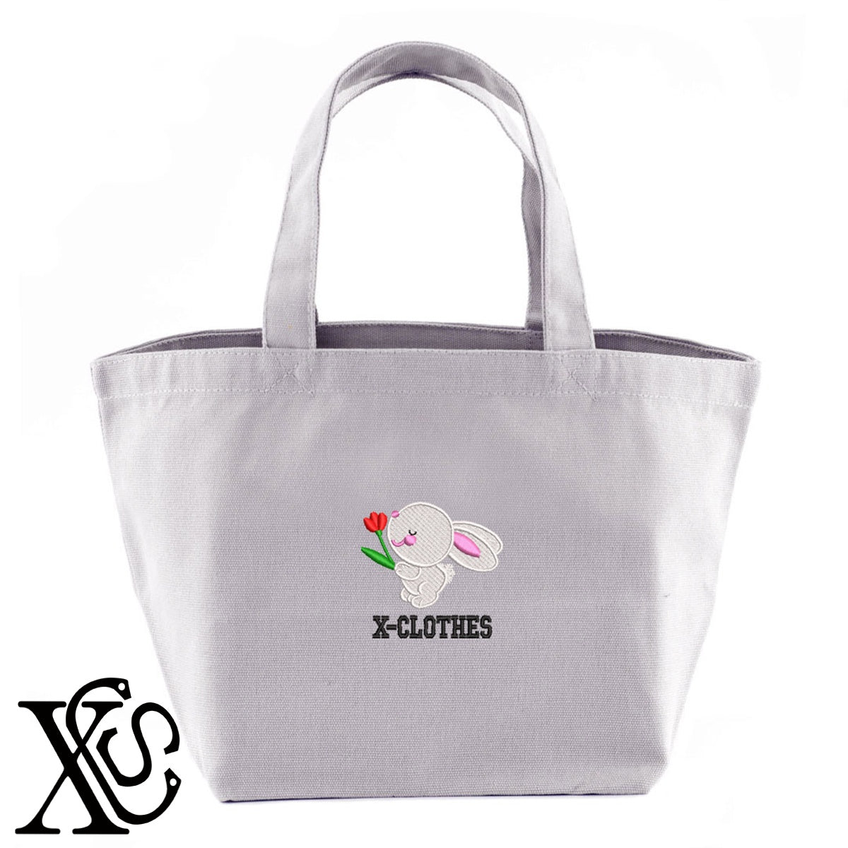 ウサギ7柄 刺繍 キャンバス生地 ランチ ミニ トートバッグ レディース メンズ【X-CLOTHES】オリジナル グッズ 刺繍 ワンポイント 雑貨【b Black Camel】【g Natural Gray】 【1各種動物-小動物】