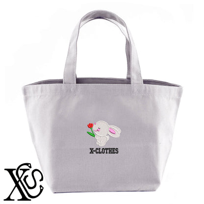 ウサギ7柄 刺繍 キャンバス生地 ランチ ミニ トートバッグ レディース メンズ【X-CLOTHES】オリジナル グッズ 刺繍 ワンポイント 雑貨【b Black Camel】【g Natural Gray】 【1各種動物-小動物】