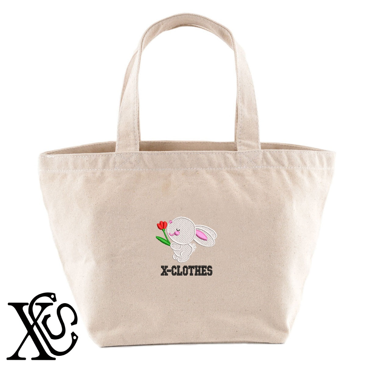 ウサギ7柄 刺繍 キャンバス生地 ランチ ミニ トートバッグ レディース メンズ【X-CLOTHES】オリジナル グッズ 刺繍 ワンポイント 雑貨【b Black Camel】【g Natural Gray】 【1各種動物-小動物】