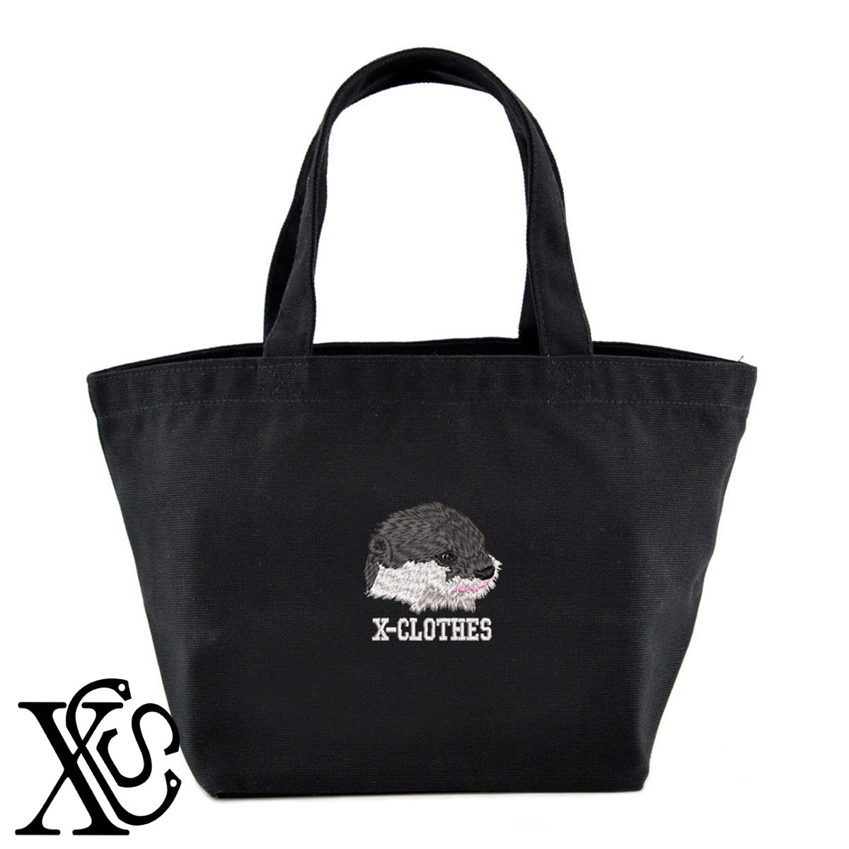 カワウソ2柄 刺繍 キャンバス生地 ランチ ミニ トートバッグ レディース メンズ【X-CLOTHES】オリジナル グッズ 刺繍 ワンポイント 雑貨【b Black Camel】【g Natural Gray】 【1各種動物-小動物】