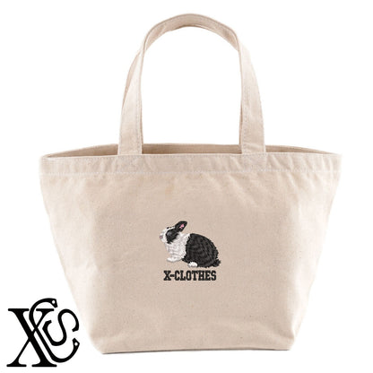 ダッチウサギ2柄 刺繍 キャンバス生地 ランチ ミニ トートバッグ レディース メンズ【X-CLOTHES】オリジナル グッズ 刺繍 ワンポイント 雑貨【b Black Camel】【g Natural Gray】 【1各種動物-小動物】