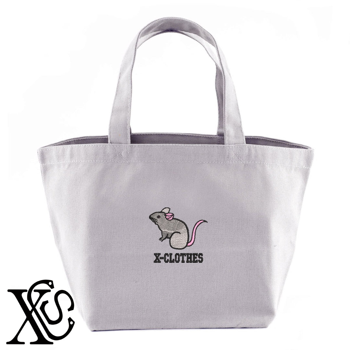 ネズミ2柄 刺繍 キャンバス生地 ランチ ミニ トートバッグ レディース メンズ【X-CLOTHES】オリジナル グッズ 刺繍 ワンポイント 雑貨【b Black Camel】【g Natural Gray】 【1各種動物-小動物】