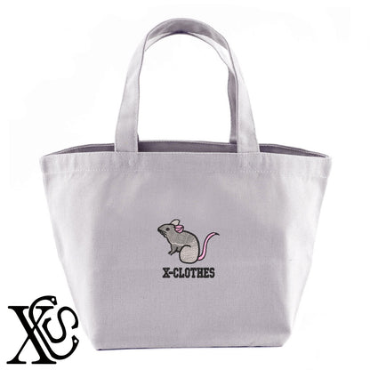 ネズミ2柄 刺繍 キャンバス生地 ランチ ミニ トートバッグ レディース メンズ【X-CLOTHES】オリジナル グッズ 刺繍 ワンポイント 雑貨【b Black Camel】【g Natural Gray】 【1各種動物-小動物】