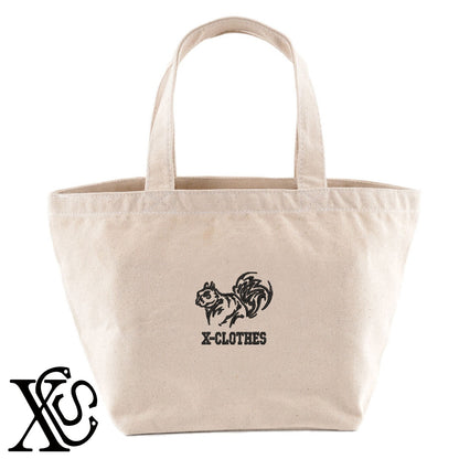 リス2柄 刺繍 キャンバス生地 ランチ ミニ トートバッグ レディース メンズ【X-CLOTHES】オリジナル グッズ 刺繍 ワンポイント 雑貨【b Black Camel】【g Natural Gray】 【1各種動物-小動物】