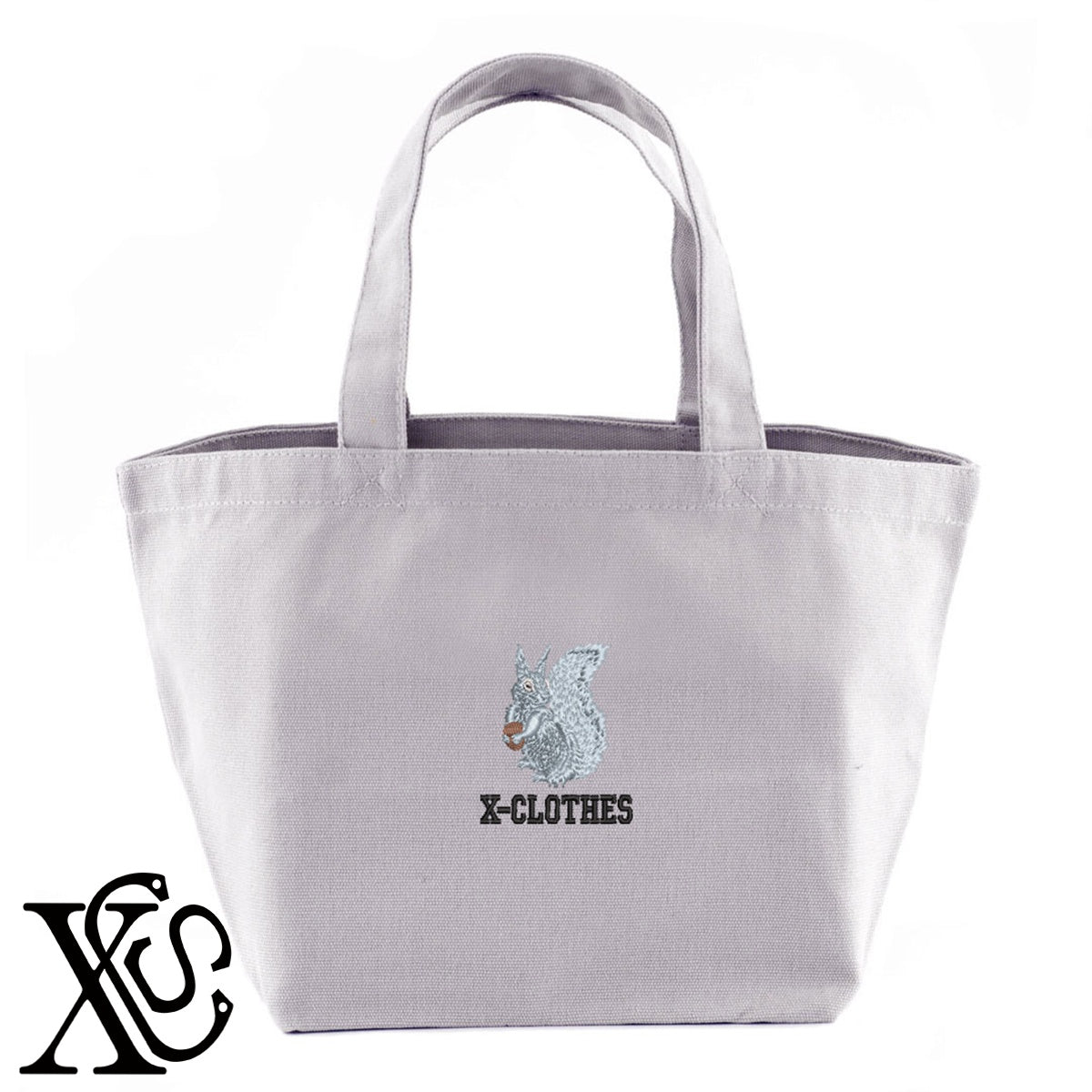 リス6柄 刺繍 キャンバス生地 ランチ ミニ トートバッグ レディース メンズ【X-CLOTHES】オリジナル グッズ 刺繍 ワンポイント 雑貨【b Black Camel】【g Natural Gray】 【1各種動物-小動物】