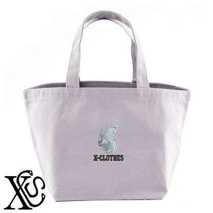リス6柄 刺繍 キャンバス生地 ランチ ミニ トートバッグ レディース メンズ【X-CLOTHES】オリジナル グッズ 刺繍 ワンポイント 雑貨【b Black Camel】【g Natural Gray】 【1各種動物-小動物】