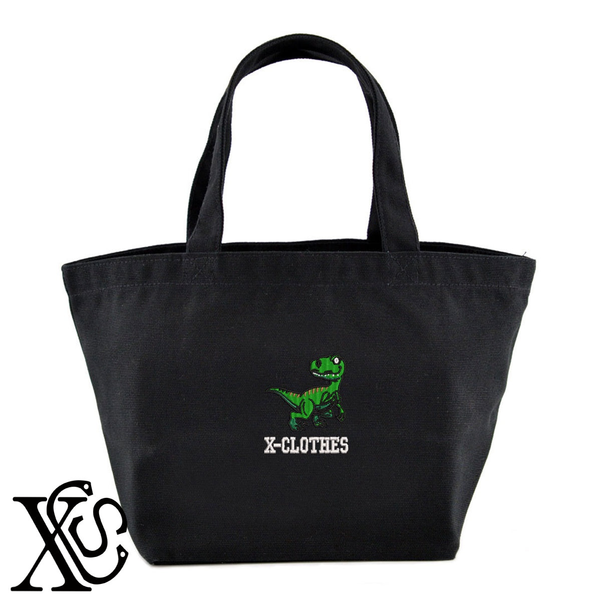 ティラノサウルス2柄 刺繍 キャンバス生地 ランチ ミニ トートバッグ レディース メンズ【X-CLOTHES】オリジナル グッズ 刺繍 ワンポイント 雑貨【b Black Camel】【g Natural Gray】 【1各種動物-恐竜】